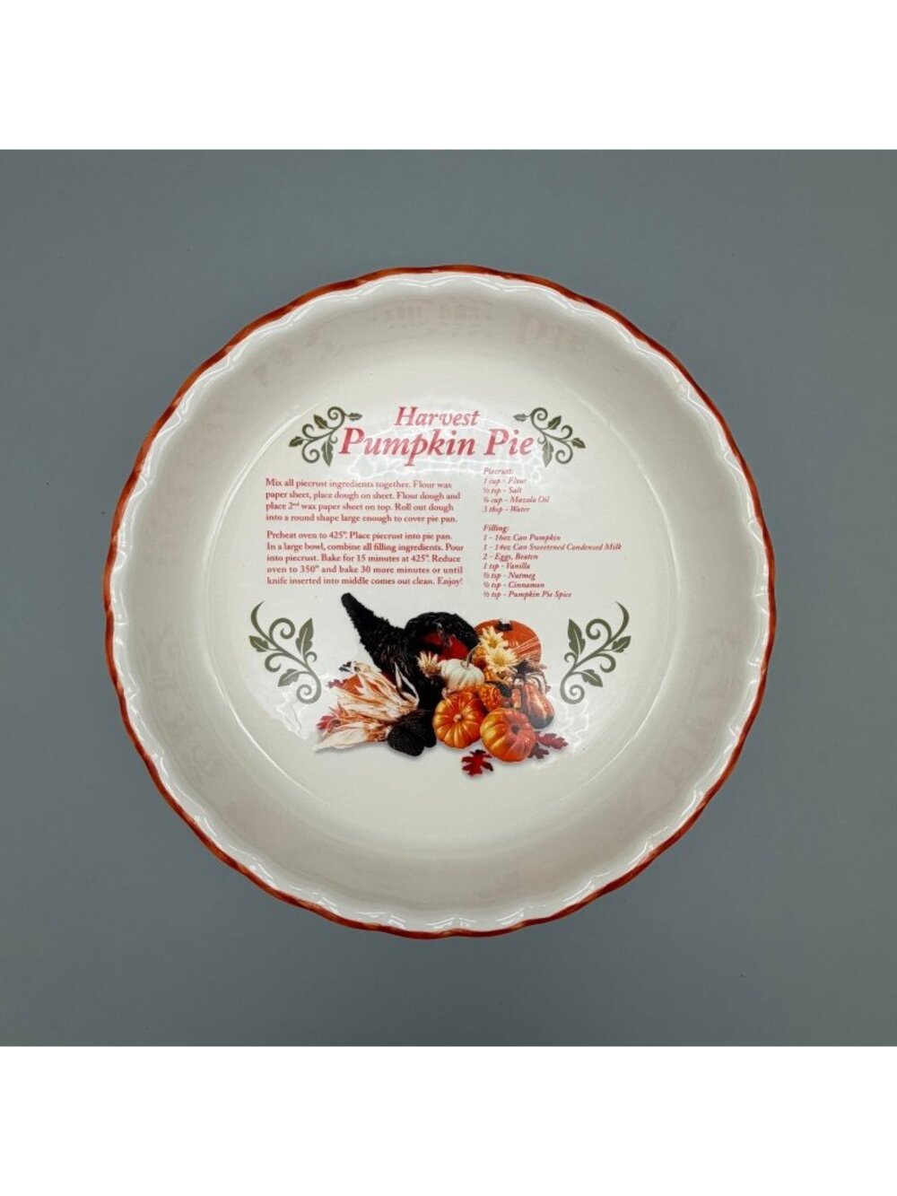 Harvest Pumpkin Pie Plate Ceramic Baking Dish Recipe Scalloped Edge Oven Safe